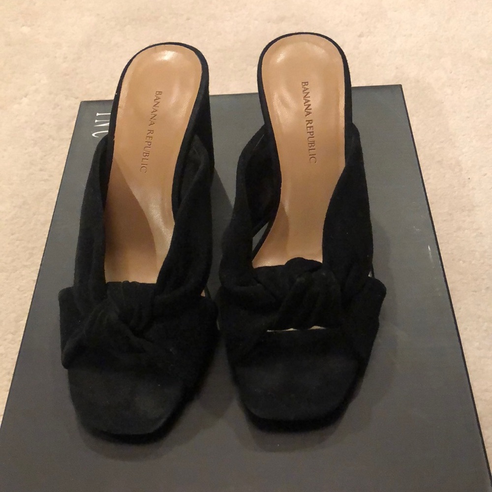 Black suede block slip on heels